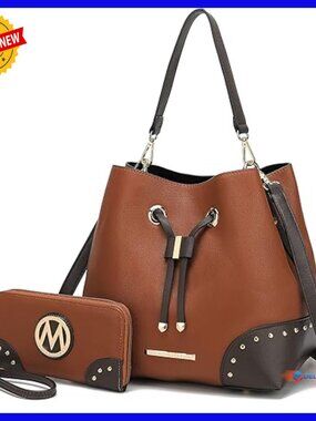 Vegan Leather Hobo Bucket Bag with Wristlet Wallet, Crossbody Handbag Set